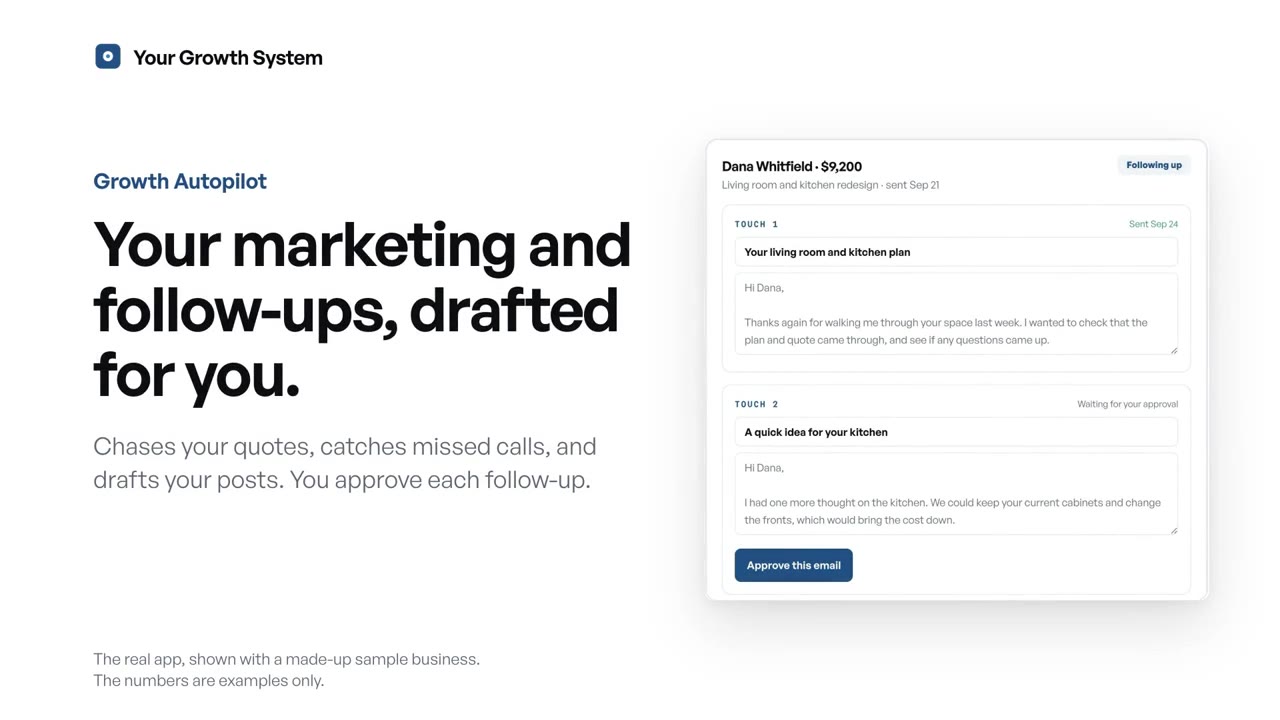 Growth Autopilot: "Your marketing and follow-ups, drafted for you," beside a follow-up email waiting for your approval.